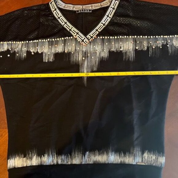 Olyss Black & White V neck Short Sleeve Top With Mesh & Rhinestone Accents Small - Picture 4 of 8